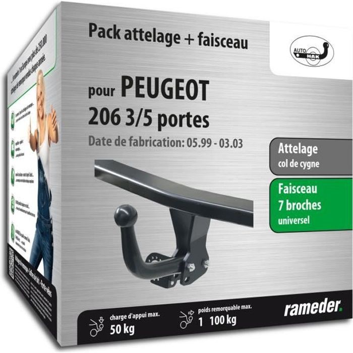 Attelage pour Peugeot 206 3/5 portes - 06/01-04/09 - col de cygne - AUTO-HAK - Faiseau universel 7 broches