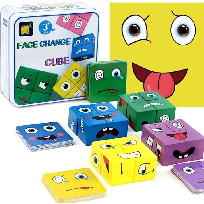 Puzzle de Expression Emoji Cubes en Bois, Interactif Emoji Bloc Jeux