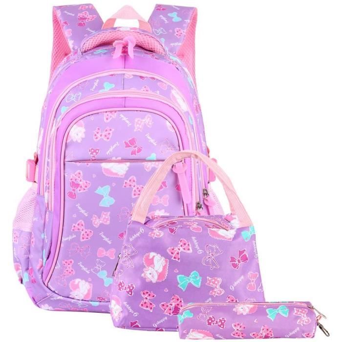 cartable fille primaire 3 en 1 sac à dos enfant scolaire en nylon imperméable violet