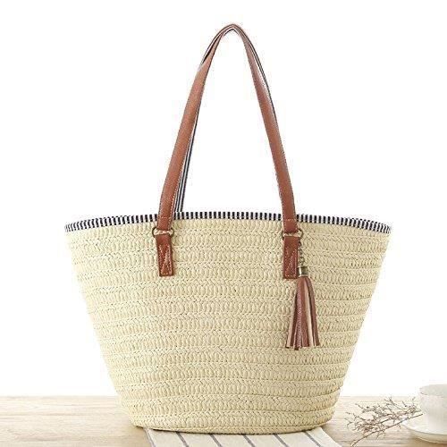 Simple Sac Paille Femmes Sac à Bandoulière Sacs Portés épaule Fourre-tout Glands Cabas Osier Plage Vacances Zipper