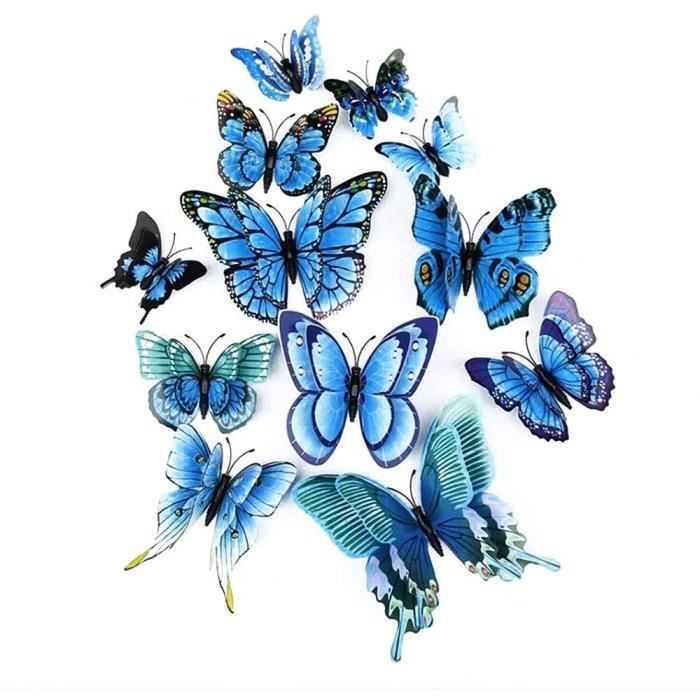 Papillon de Simulation dartisanat LERT Papillon Artificiel à Double Ailes 3D 12 pièces Autocollant Mural Papillon mélangé 6 Couleurs Bleu décoration de Mariage/fête/Maison