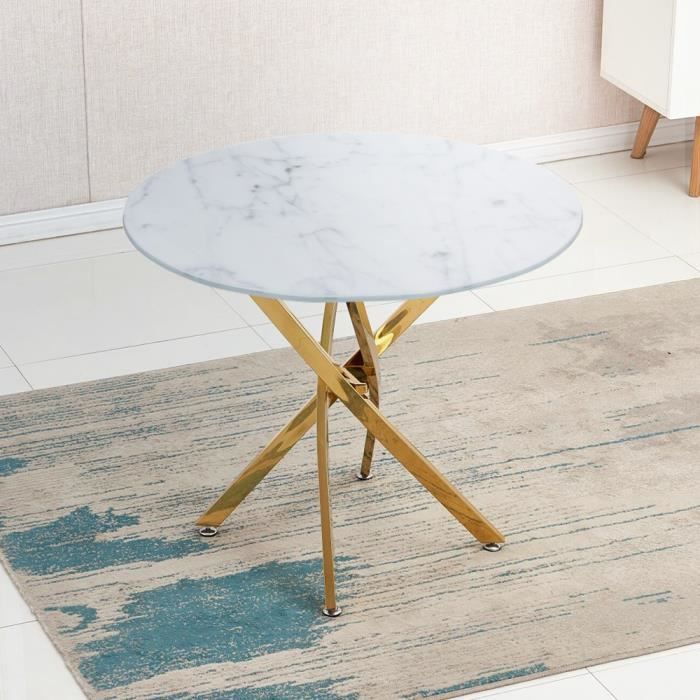 Table ronde 100cm en verre trempé avec effet marbre et pieds dorés