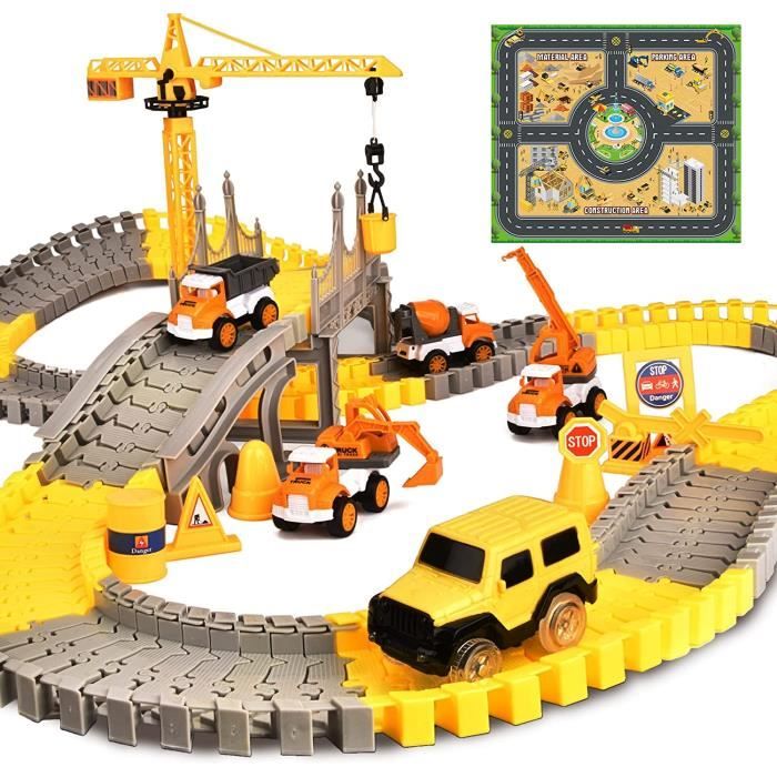 BASAMOU Circuit Voiture Enfant - Piste Aventure Avec 4 Voitures Et 6 Boutons, Jouet Éducatif 3-8 Ans