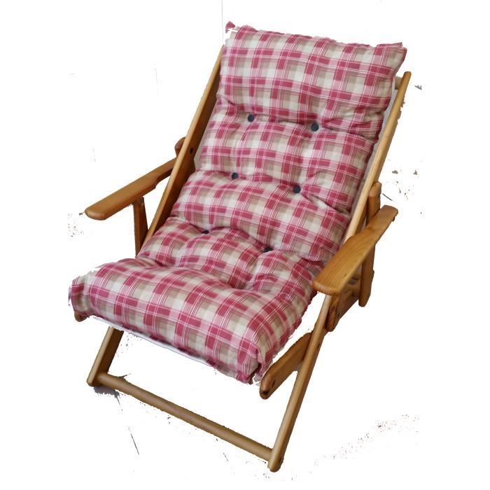 Fauteuil de jardin - RELAX - Bois massif - Inclinable 3 positions - Coussin rembourré - Rouge écossais
