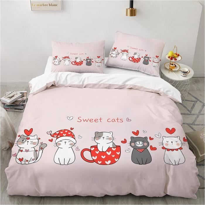 Housse De Couette 90X190 Enfant Fille Chat 3D Motif Parure De Lit 1 Personne  Animaux Housse De Couette Rose Microfibre Linge[u2029] - Cdiscount Maison