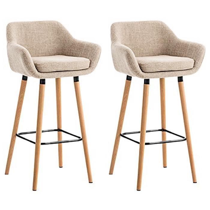 YINQ 2 Pcs Tabouret de bar en Lin - Beige - Pieds en Bois de hêtre - Repose-pied en Métal