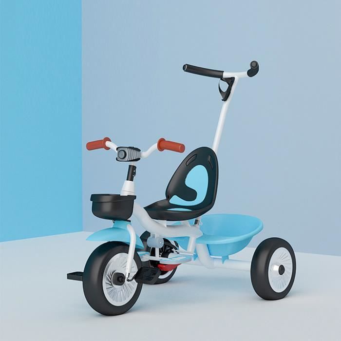 QIAN Tricycle Enfant Évolutif 16 Mois à 6 Ans, Canne parentale Amovible, Roues Silencieuses, Grand Panier - Bleu 75 x 50 x 87 cm