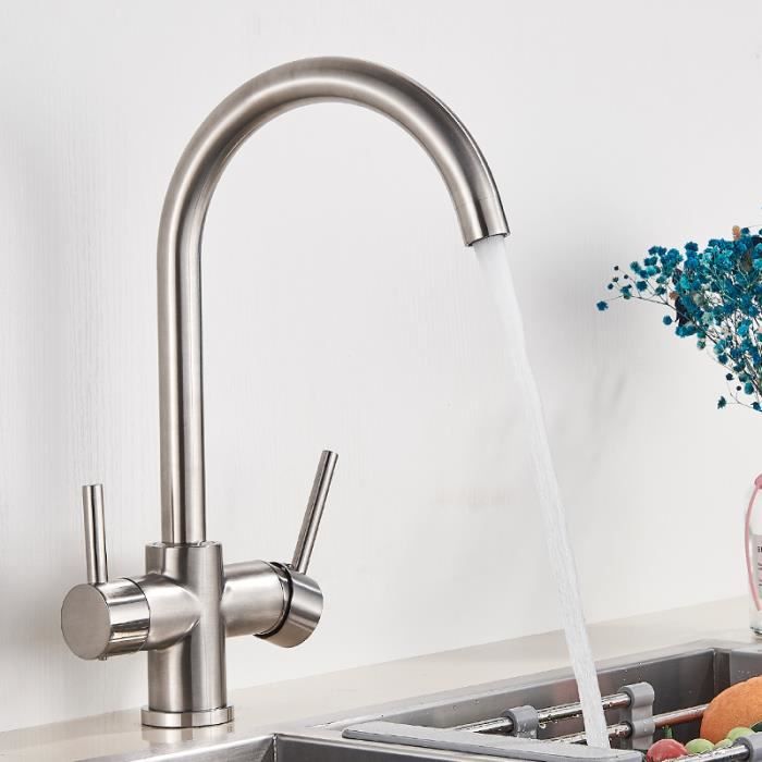 Robinet de cuisine à bec supérieur orientable - nickel brossé