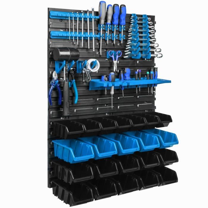 Étagère murale - BOTLE - 58x78cm - Organisateur datelier - 22 boîtes - Noir et bleu