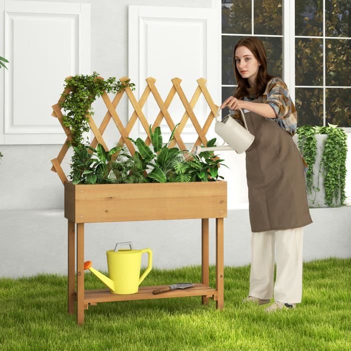 costway jardinière surélevée en bois avec treillis et roues verrouillables, etagère de rangement, pour plantes grimpante et herbes