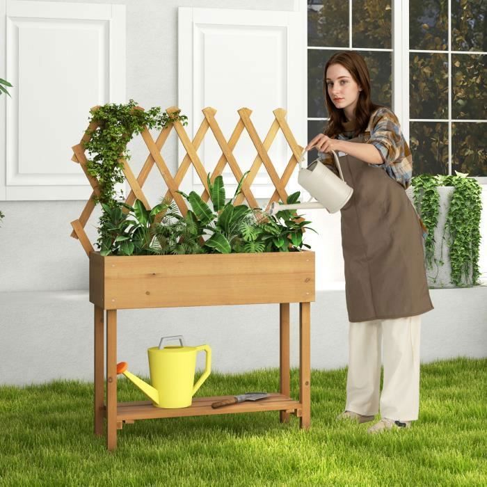 Jardinière Surélevée en Bois COSTWAY avec Treillis et Roues Verrouillables Lit de Jardin Surélevé pour Plante Grimpante Vigne
