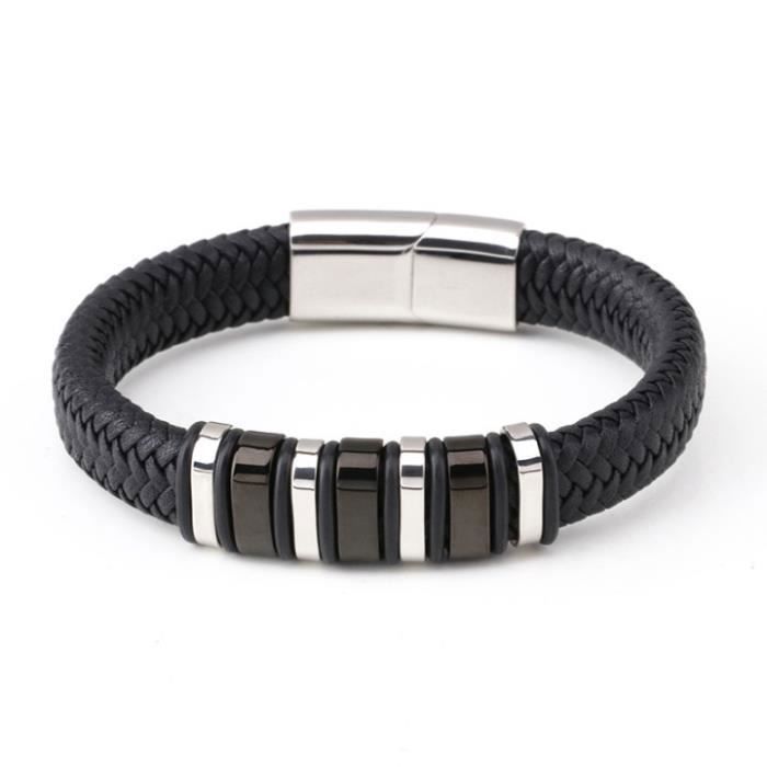Bracelet Homme - INSFITY - SimiliCuir Acier Inoxydable - Noir - Tressé - 19cm