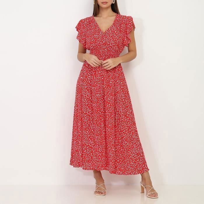 robe longue rouge fleurie à volants