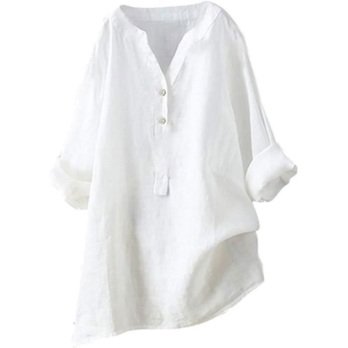 Chemise Tunique Femme En Lin | Grande Taille | Col V, Manches Courtes | Chic Et Décontracté Pour L'été | Couleur Unie