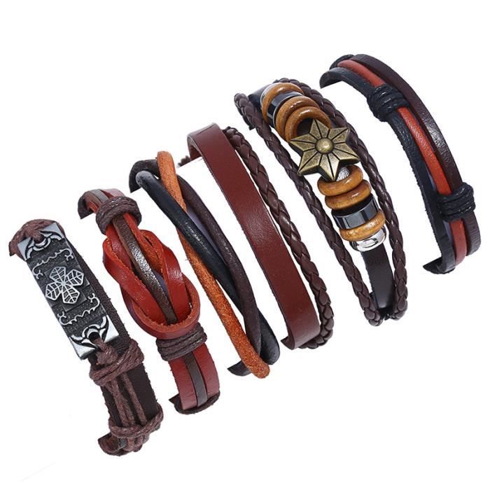 Bracelet tressé Fashion 6 pièces - RMEGA - Cuir - Homme - Oxyde de zirconium