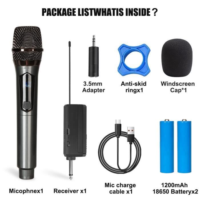Mic karaoké dynamique sans fil,2 canaux,batterie 1200mAh,UHF,pour fête