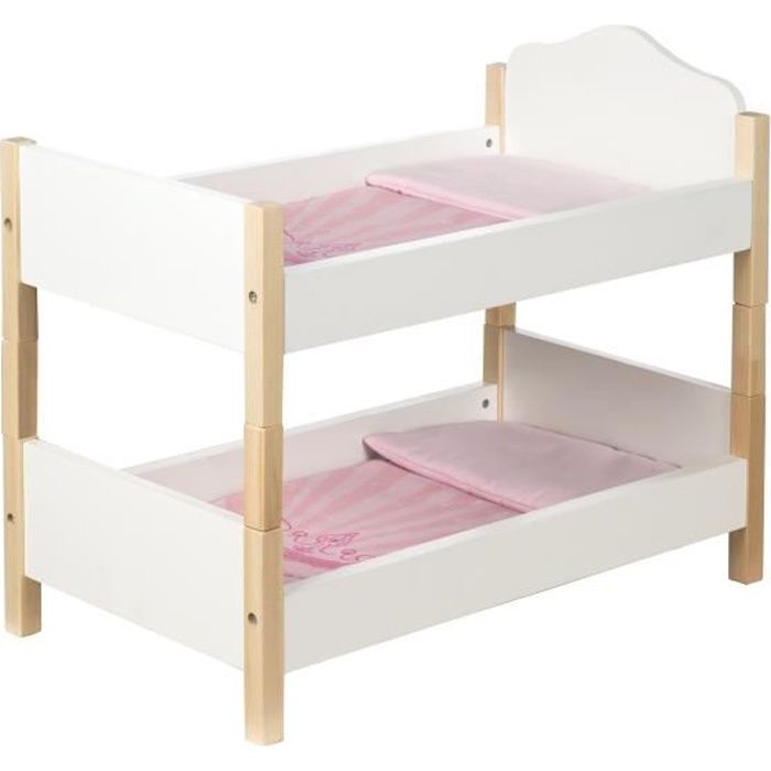 ROBA Lit Superposé de Poupée Scarlett en Bois + 2 Oreillers et 2 Couettes Roses - Lit Double de Poupée - Blanc / Naturel