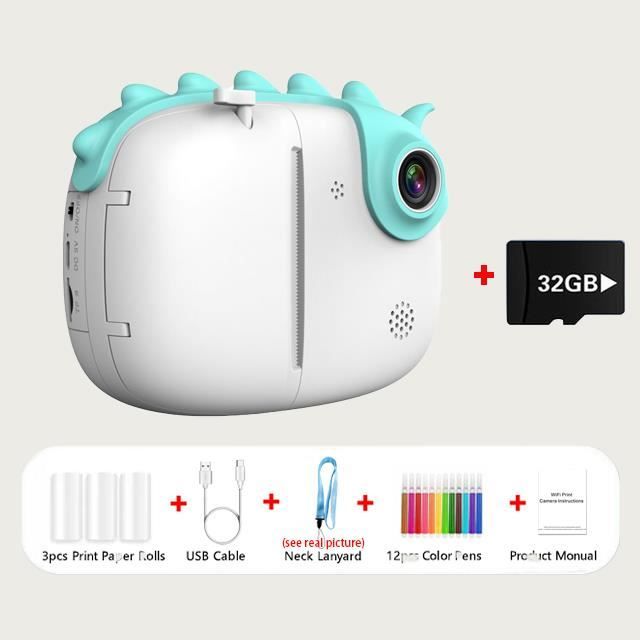 Appareil Photo Instantané Enfant 48MP – 1080P HD, Écran 2.0", Coque Dinosaure, Carte 32Go – Dès 3 Ans