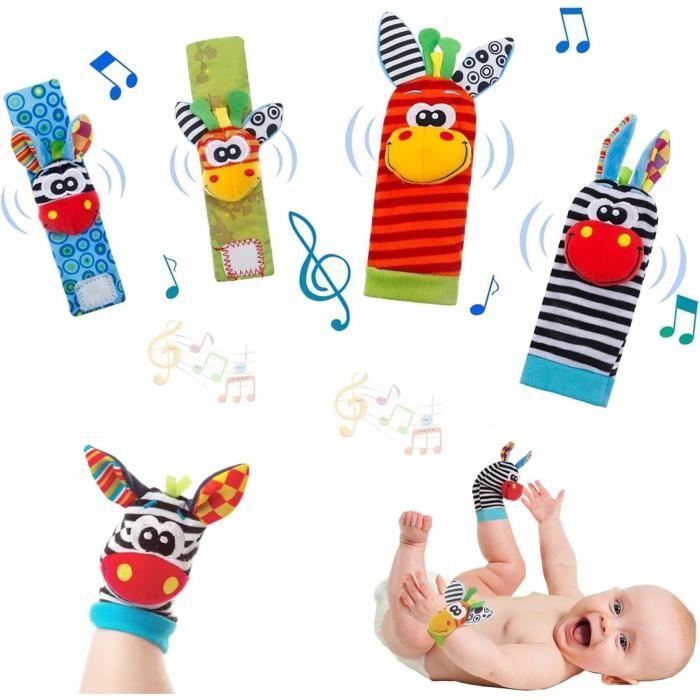 Bébé Poignet et Chaussettes Hochet, 4Pcs Hochet Poignet Bébé Poignet de Bell Strap Hochets et Chaussettes Pied Jouets pour 0-6 Mois - Puériculture & Eveil bébé