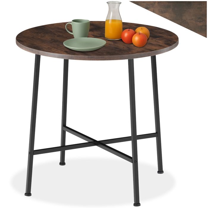 Table - TECTAKE - Table de salle à manger ronde ENNIS style industriel en bois et acier Ø 80 x 76 cm - Bois foncé