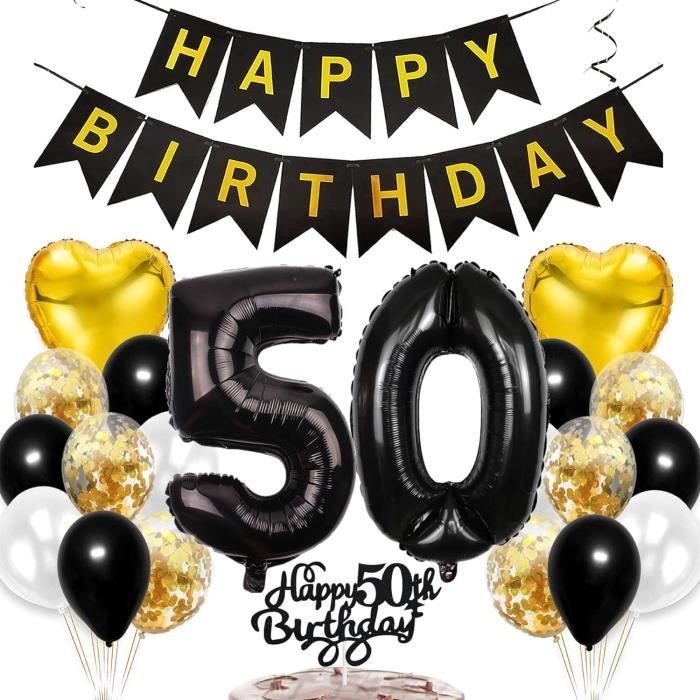 Déco Anniversaire 50 Ans Noir Et Or – Bannière, Ballons 32 Pouces, Pompons, Latex, Cœur – Kit Complet Pour Homme Ou Femme – Fête Inoubliable