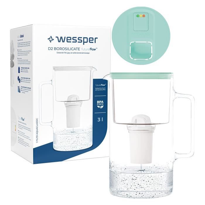 Wessper Carafe Filtrante Verre Borosilicaté 1L - Filtre Actitex Inclus - Eau Pure Et Saine