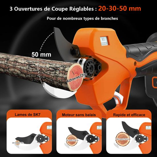 TEENO Sécateur Électrique Sans Fil Brushless 30mm - 2 Batteries 2000mAh, Écran LCD, Lames SK5 Professionnelles Pour Jardin, Vignes Et Branches