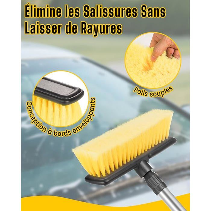 Brosse Lavage Voiture Télescopique Jusqu'à 165 Cm Avec Raclette Intégrée - Manche Aluminium Résistant, Brosse Douce Microfibre, Robinet D'Arrêt & Poignées Ergonomiques