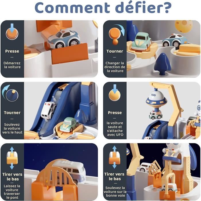 Circuit De Voiture Jouet Avec 4 Voitures – Jeu D’aventure Montessori – Piste à Défis Pour Enfants 3-8 Ans
