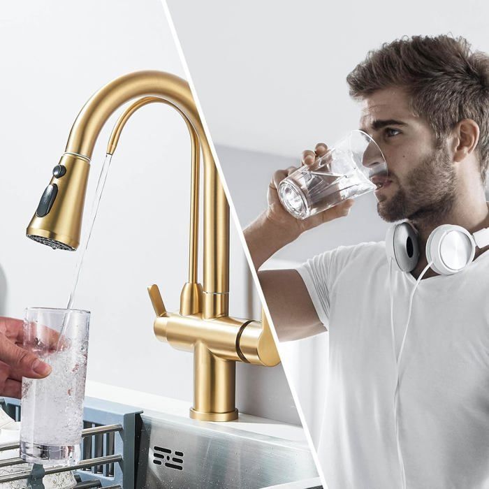 Robinet d'évier de cuisine rotatif à 360 degrés avec douchette extractible avec filtre à eau pure, robinet mélangeur à double poignée, jaune Robinet d'évier de cuisine rotatif à 360 degrés avec douchette extractible avec filtre à eau pure, robinet mélangeur à double poignée, jaune