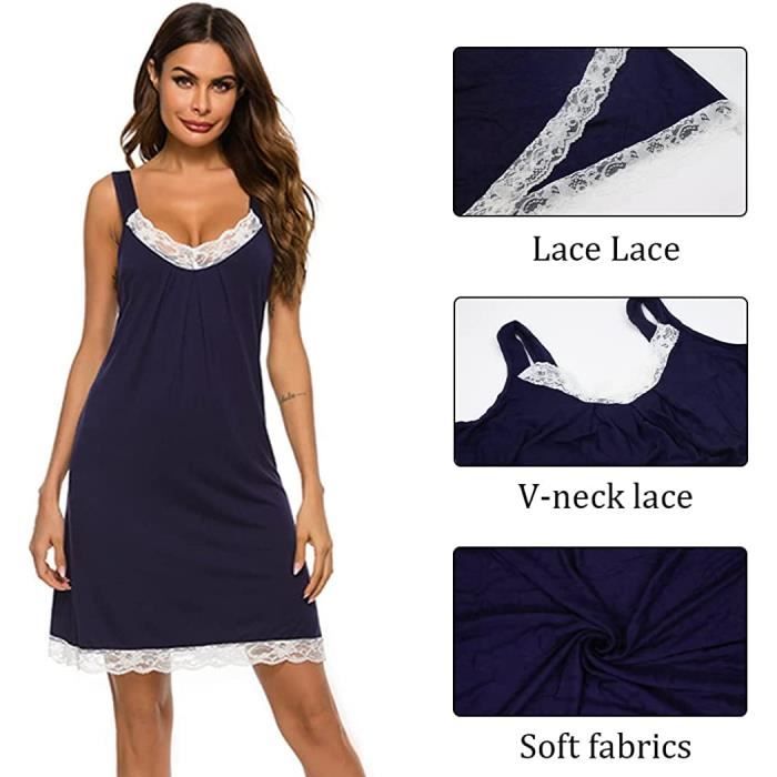 PYJAMA CHEMISE DE NUIT Chemisette De Nuit Femme Sexy Pyjama a Col en V Coton Dos Nu en Dentelle Nuisette Femme Bleu Bleu fonce Cdiscount Pret a Porter