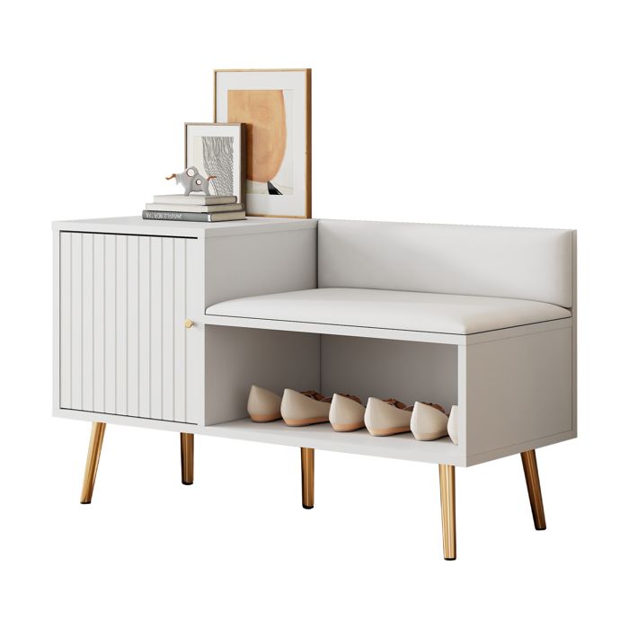 Meuble à chaussures - 100x40x58 cm - Blanc - Support de pied doré - avec Sièges et Dossiers Rembourrés - Maison