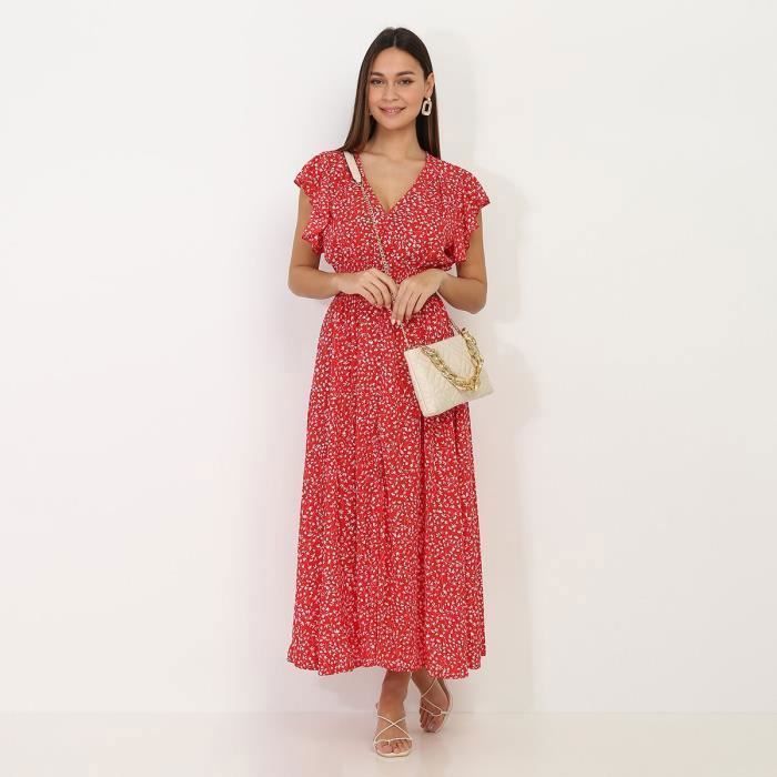 Robe longue rouge fleurie volants Rouge Cdiscount Pr t Porter