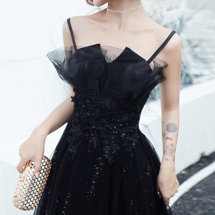 Robe Robe De Soiree Banquet Noir Temperament Elegant Anniversaire Reunion Annuelle Sling Longue Robe Mince Femme Noir Cdiscount Pret a Porter