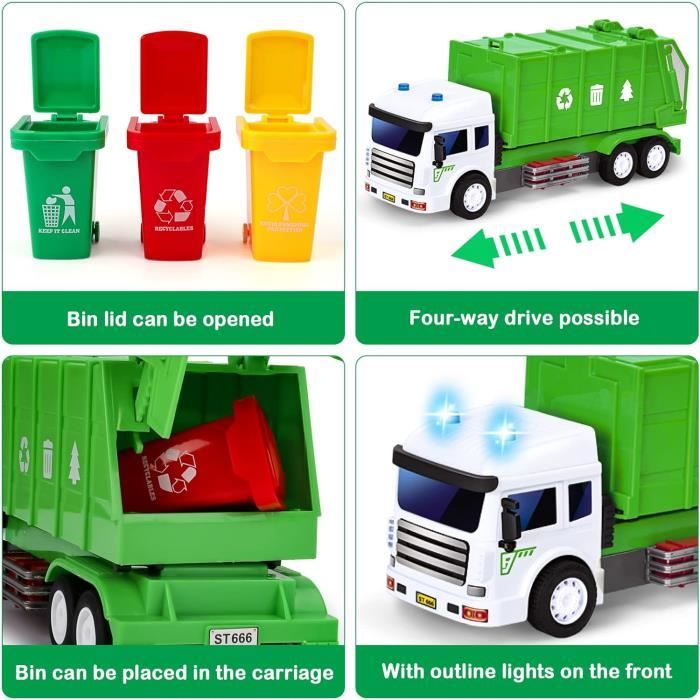 Charmofun Camion Poubelle Jouet, Camion à Ordures avec 6 Poubelles, 180