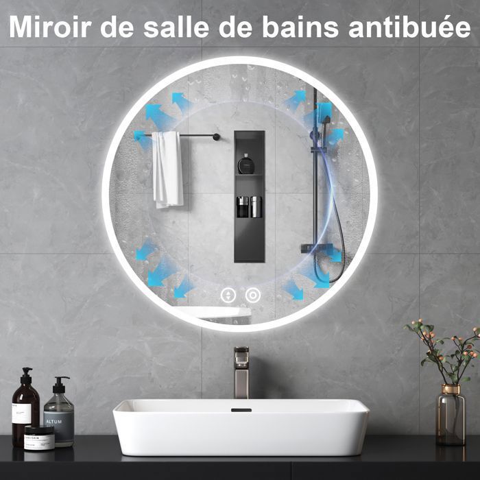 Miroir Salle De Bain LED Rond Anti-Buée 50 Cm – Bluetooth, 3 Couleurs, Dimmable, Tactile