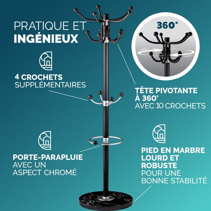 Portemanteau Sur Pied Yaheetech Noir Avec Porte-parapluie - Métal Classique 186 Cm
