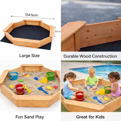 Bac à sable toys bois forme octogonale avec 4 bancs et bâches de protection