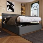 Lit Coffre Hydraulique 140x200cm - REDOM - Lit Adulte Double Avec Sommier - Lin Gris (Sans Matelas)