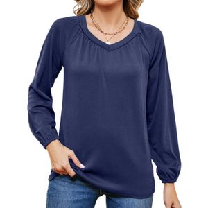 T-SHIRT T-shirt femmes Solide couleur V cou lche manches longues bleu dark