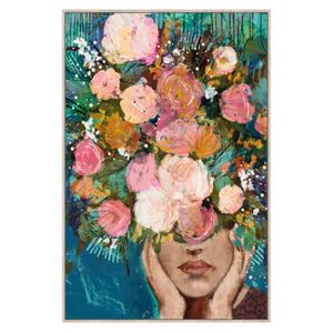 Tableau FEMME avec fleurs et feuillages multicolores 115x115cm