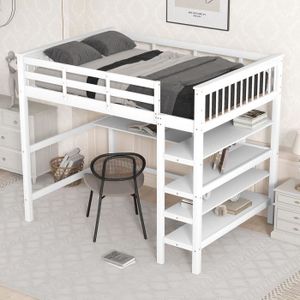LIT COMBINE  Lit cabane Lit enfant avec compartiment de rangement et bureau sous le lit, blanc 140 x 200 cm