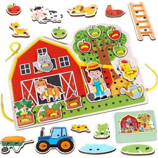 Perles à Enfiler en Bois « Les Amis des Animaux » – Puzzle de Laçage Montessori dans sa Boîte en Fer – Jouet d'Éveil Éducatif et Motricité Fine – Idéal Cadeau de Pâques 2026 et Activité de Printemps