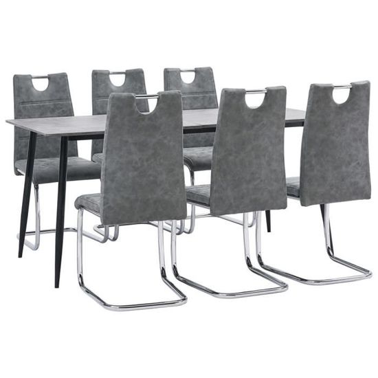 *92392 Ensemble table à manger 6 personnes + 6 chaises - Ensemble de salle à manger Scandinave - Gris - Similicuir