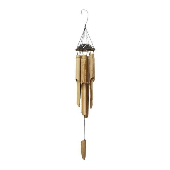 Carillon Éolien En Bambou Et Coquille De Noix De Coco – Son Apaisant Naturel, Déco Jardin Et Maison, 5 Tubes, Couleur Claire