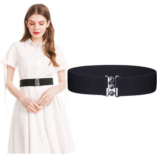 Lot De 2 Ceintures élastiques Femme - Noir & Blanc, Largeur 5 Cm, Ajustable Taille 60-90 Cm, Boucle Métal