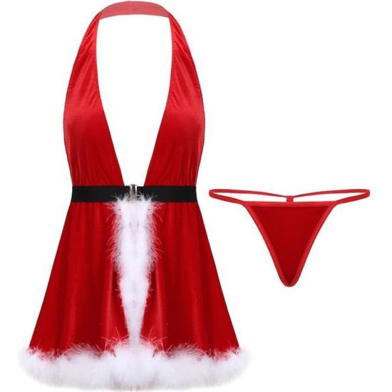 YONGHS Lingerie Mère Noël Sexy Hot Femme Nuisette Velours Babydoll Robe