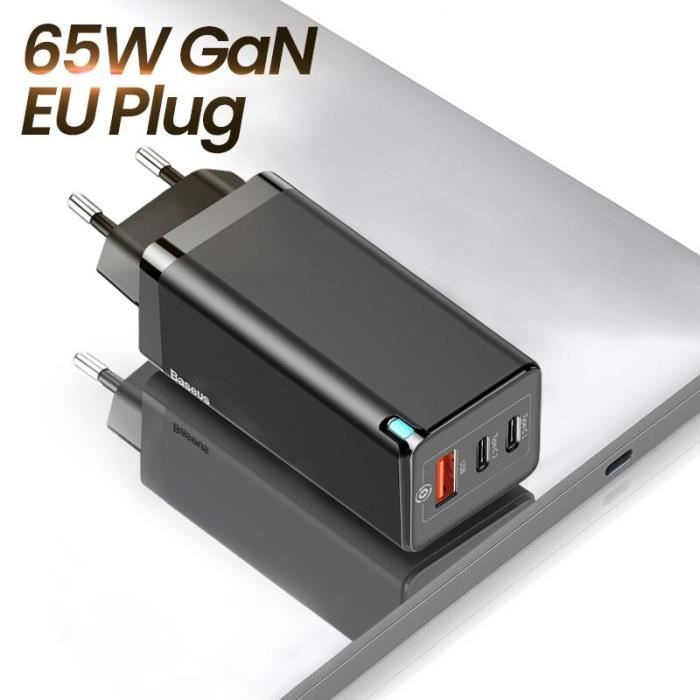 Chargeurs,Chargeur Baseus 65W GaN Charge rapide 4.0 3.0 Type C PD chargeur USB avec QC 4.0 3.0 chargeur rapide - Type EU Plug Black