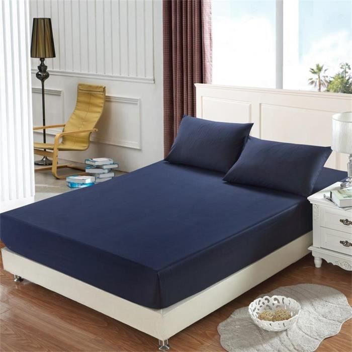 Drap Housse 180*200*25 Épaise en 100% Coton Housse de Matelas Élastique avec Fermeture Éclair Confort Sans Couvre-Oreiller-Bleu Mari