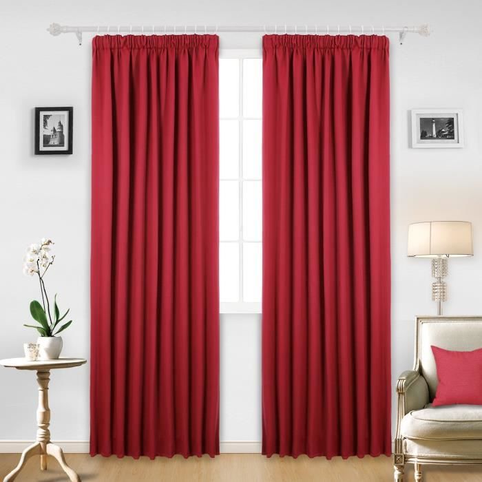 Deconovo Lot de 2 Rideaux Occultants Unis avec Galon Fronceur 140cm x 245cm, Isolant Thermique pour Filles, Rouge